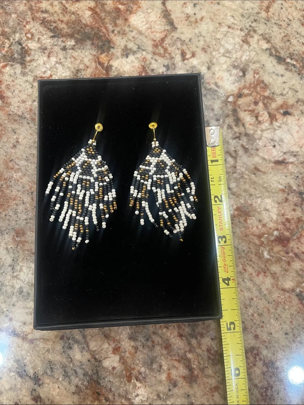 Stanley Black White and Gold Beaded Fringe Earrings